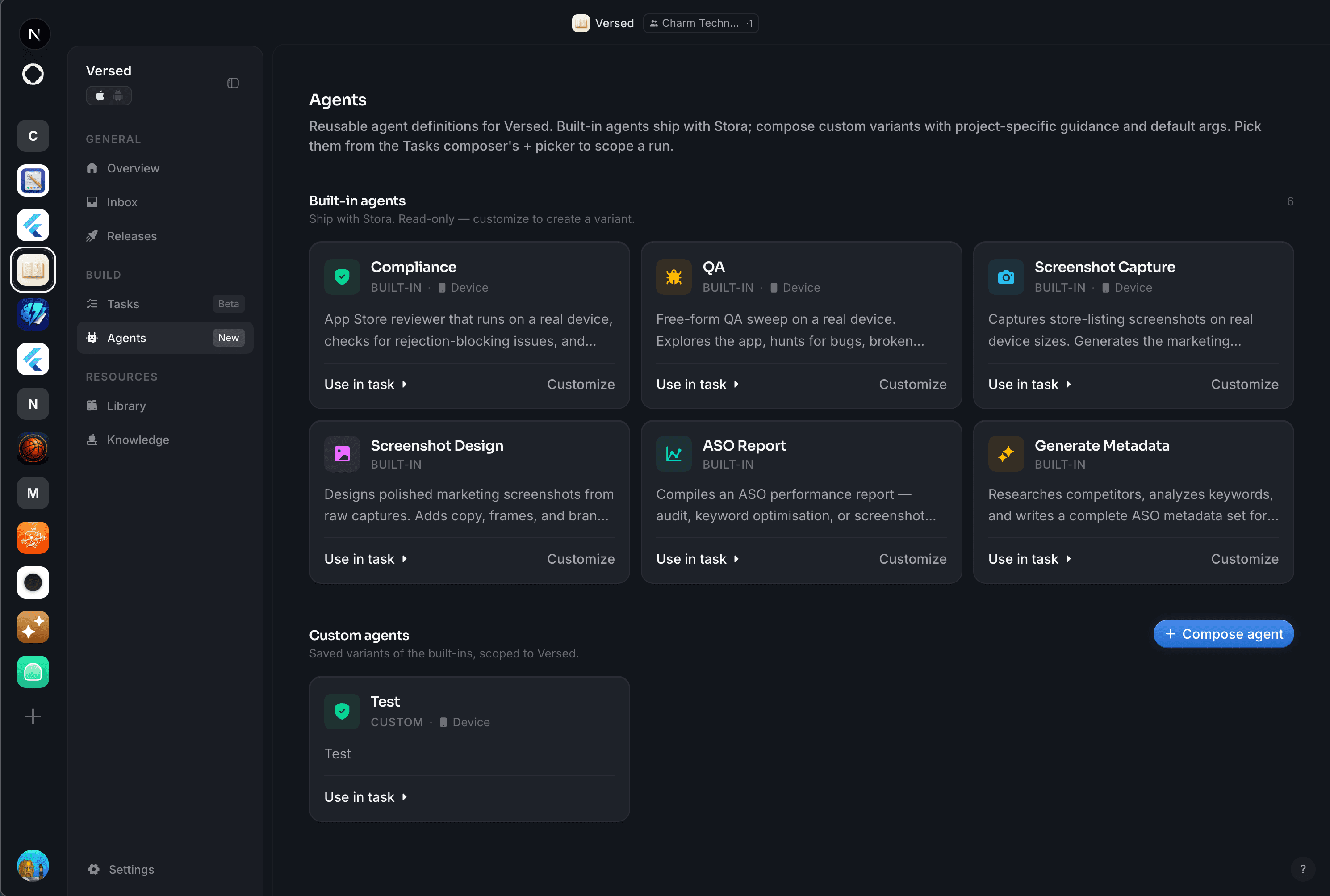 Stora built-in agents panel — ASO Report and Generate Metadata tiles alongside Compliance, QA, and Screenshot Capture