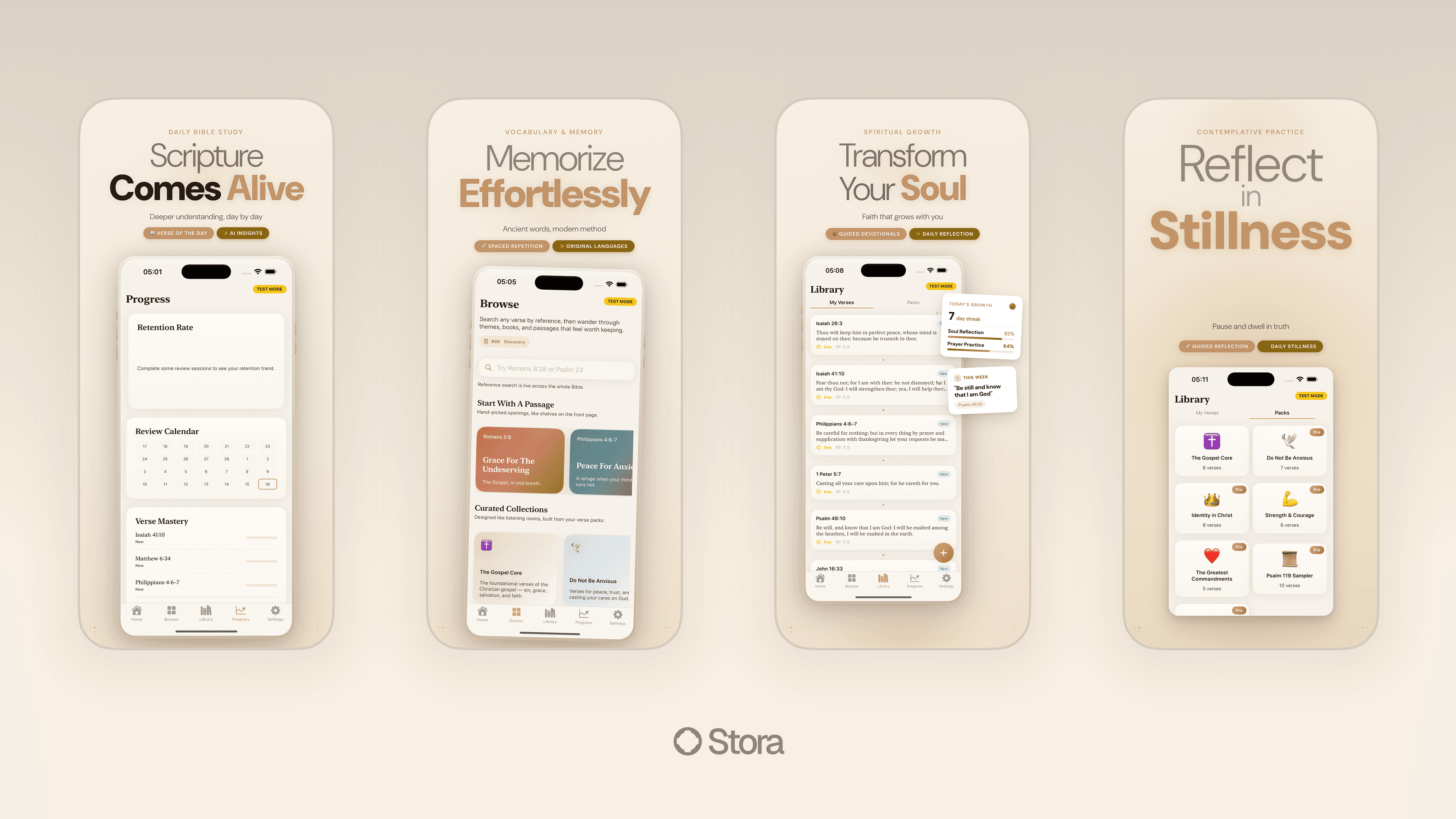 Four App Store screenshots generated by Stora for Versed — Scripture Comes Alive, Memorize Effortlessly, Transform Your Soul, and Reflect in Stillness, each framed on a real iPhone capture