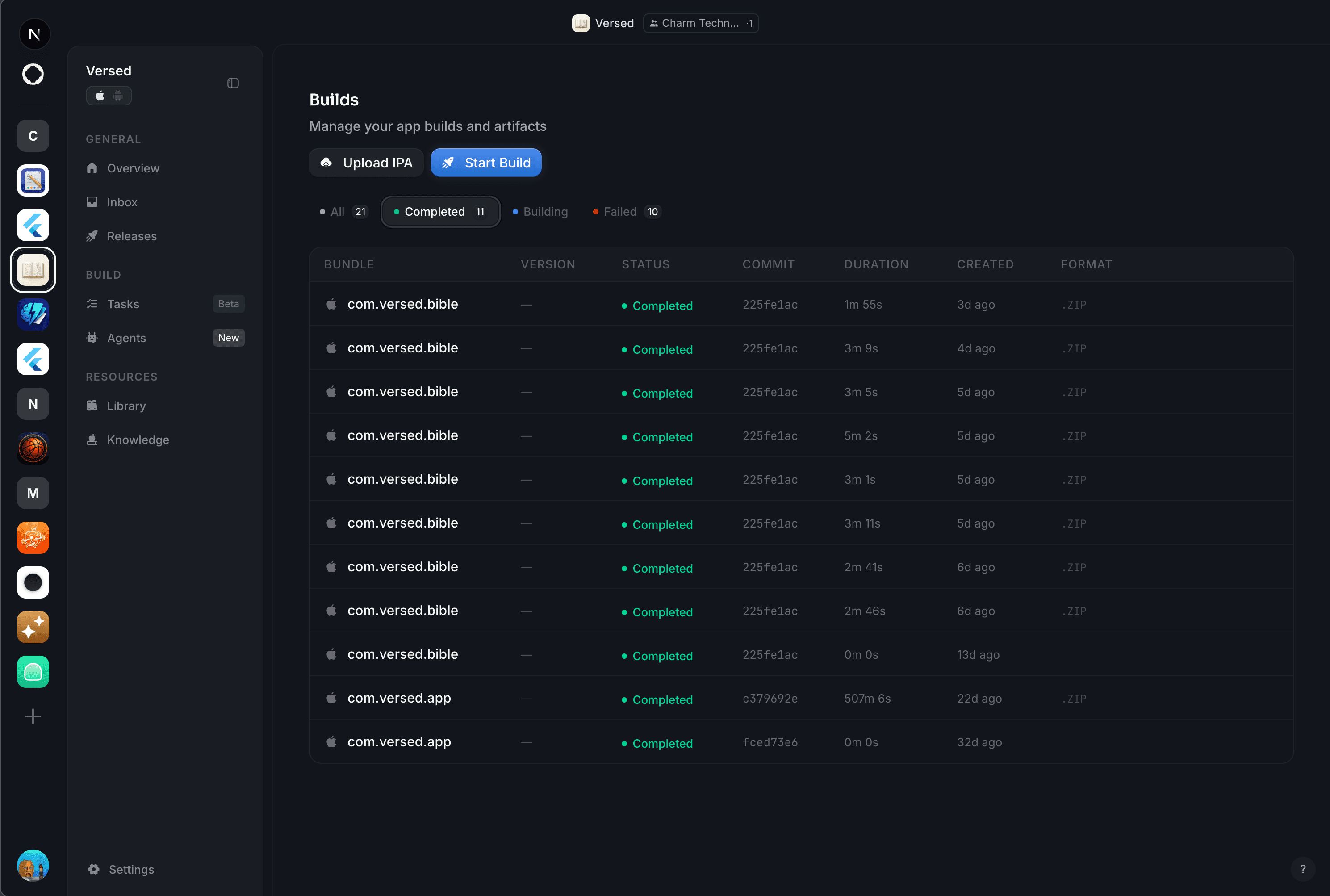 Builds table view with status, commit SHA, duration, and format columns across 11 completed builds